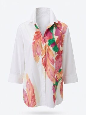 Chico's White Shirt with no iron Pink & Green Feather Motif